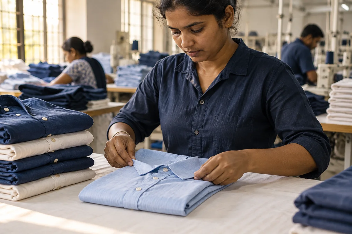 Garment worker finishing and folding a cotton shirt