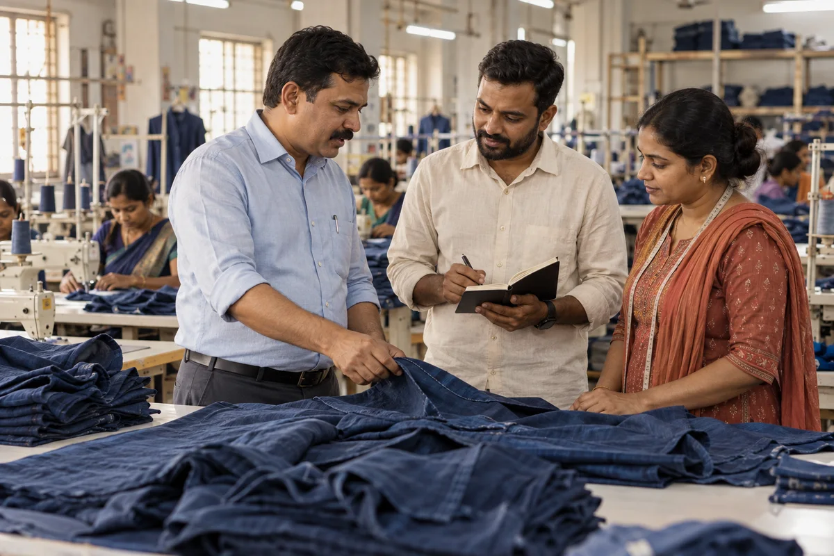 Factory owner, contractor and karigar discussing garment work together