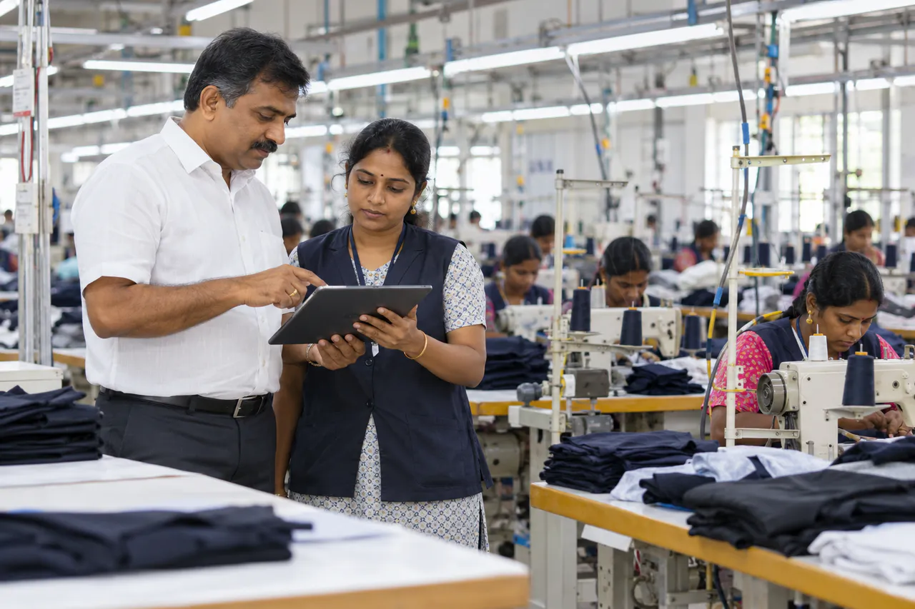 Indian factory owner and supervisor checking daily workforce records